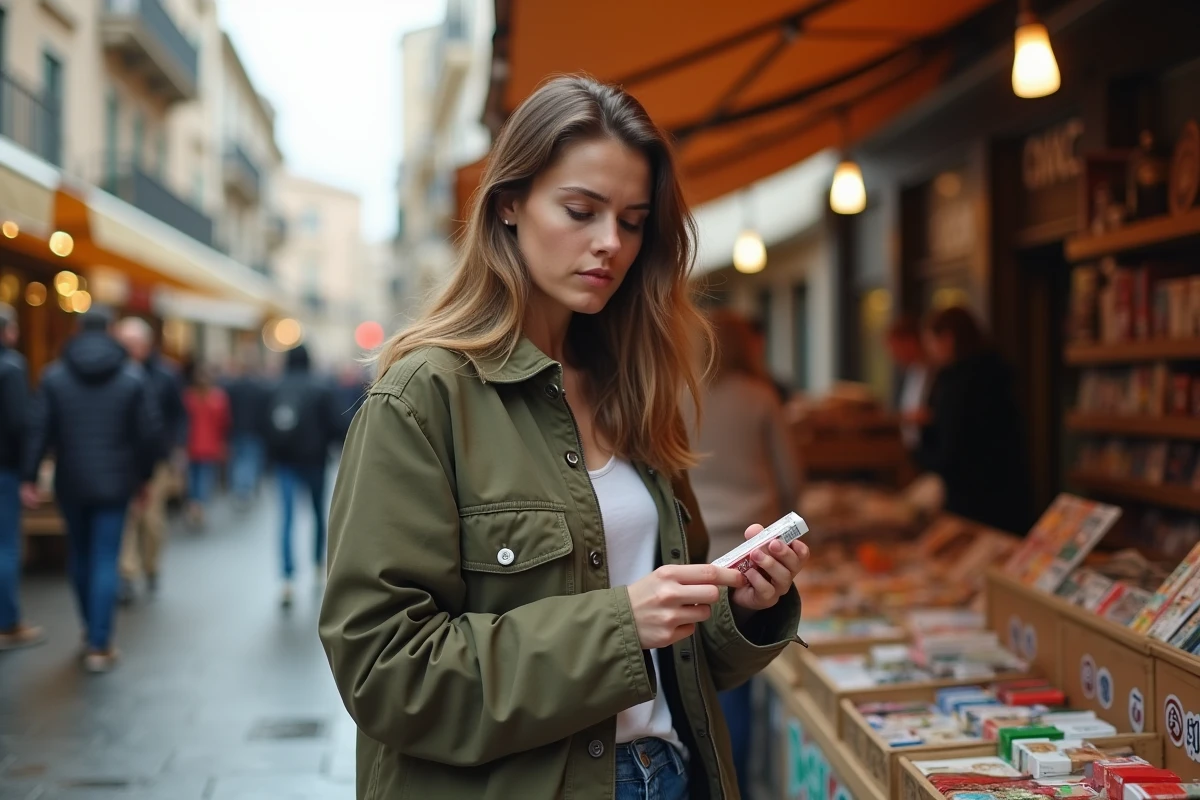 Une jeune femme compare deux paquets de cigarettes dans un marché en plein air en Espagne, cherchant à identifier un produit contrefait