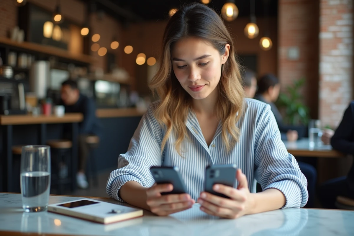 Jeune femme comparant des produits électroniques sur smartphone dans un café avant de valider son achat sur Easytvshop