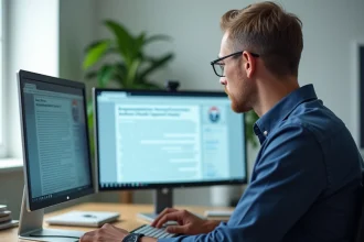Homme comparant Stellantis Wiki et Wikipédia sur un écran d'ordinateur dans un bureau moderne