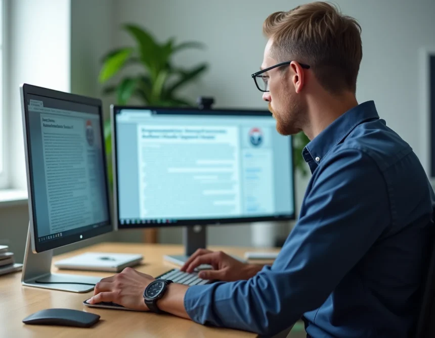Homme comparant Stellantis Wiki et Wikipédia sur un écran d'ordinateur dans un bureau moderne