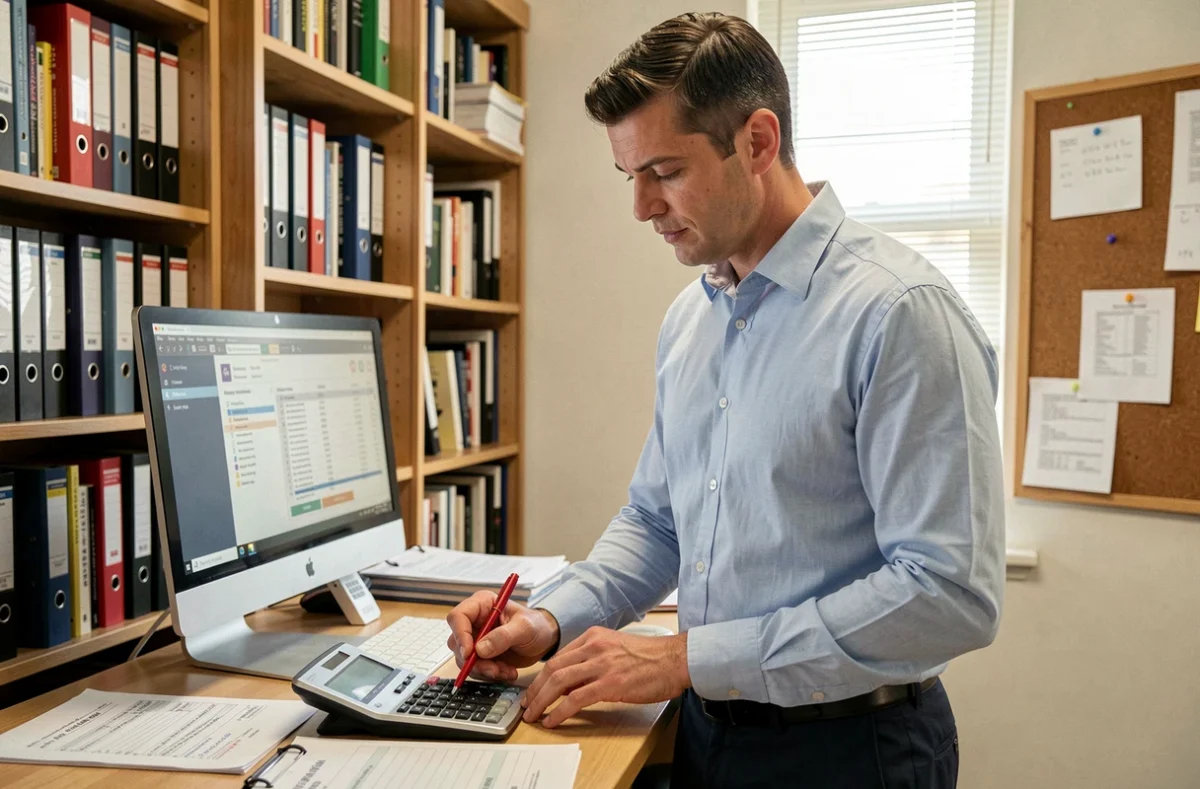 Comptable calculant les frais de cession de commerce dans un bureau comptable avec documents et calculatrice