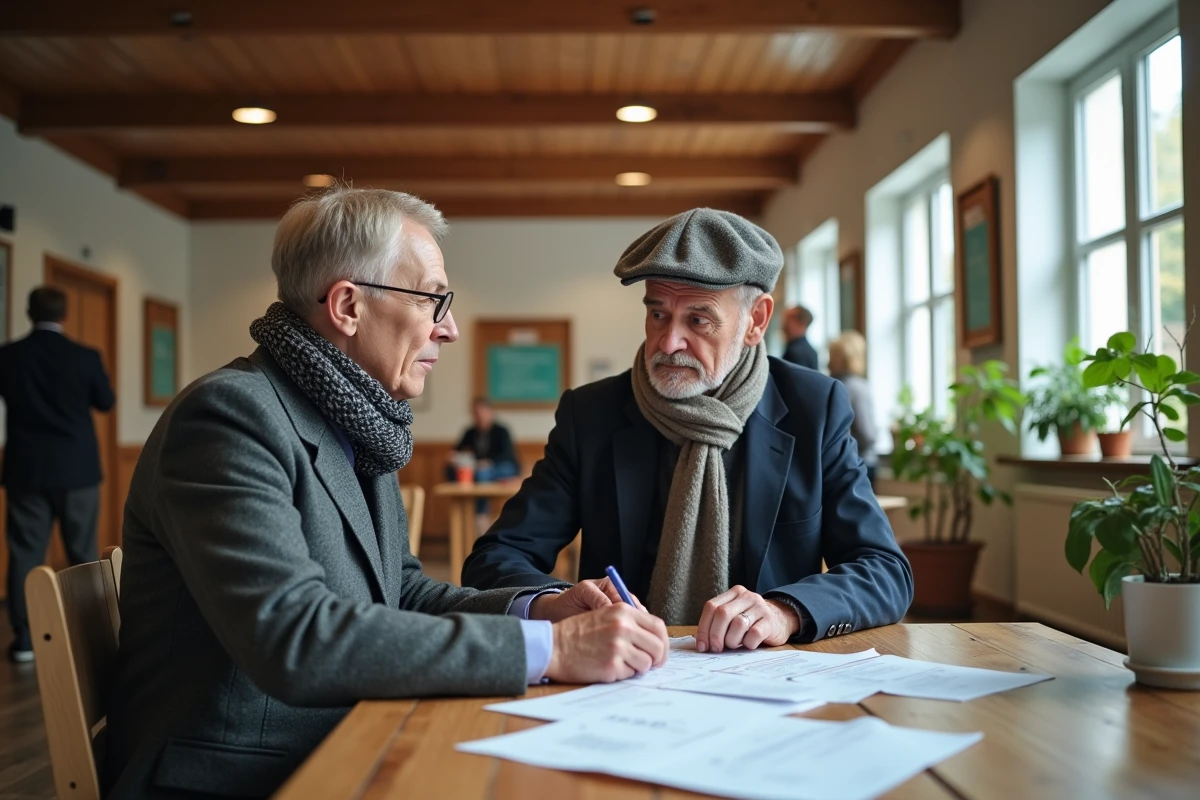 Conseill&egrave;re locale et homme discutant dans une salle lumineuse