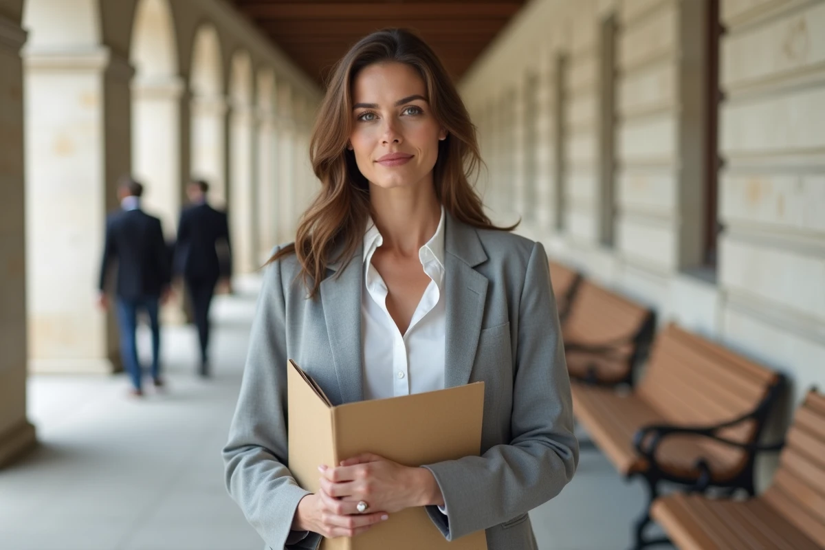 Femme cadre tenant un dossier de contentieux prud'homal dans le couloir d'un conseil de prud'hommes