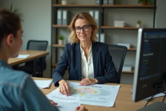 Conseillère en emploi présentant la nomenclature ROME à un demandeur d'emploi dans un bureau de Pôle emploi