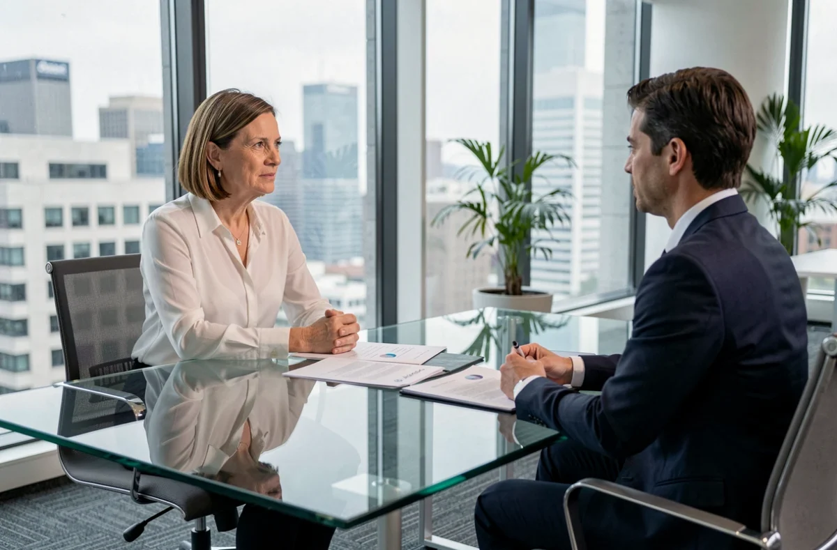 Consultante IT en réunion avec un conseiller en portage salarial dans un bureau professionnel moderne
