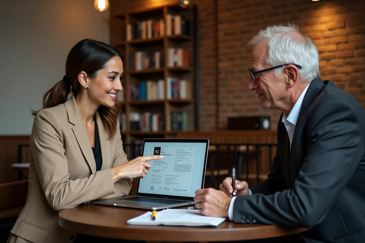 Deux professionnels discutant de l'adaptation d'un CV commercial selon le niveau de poste dans un café urbain