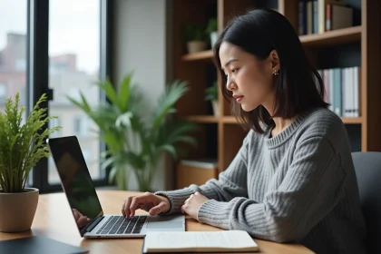Femme utilisant un ordinateur portable pour découvrir la plateforme Adivak à son bureau à domicile