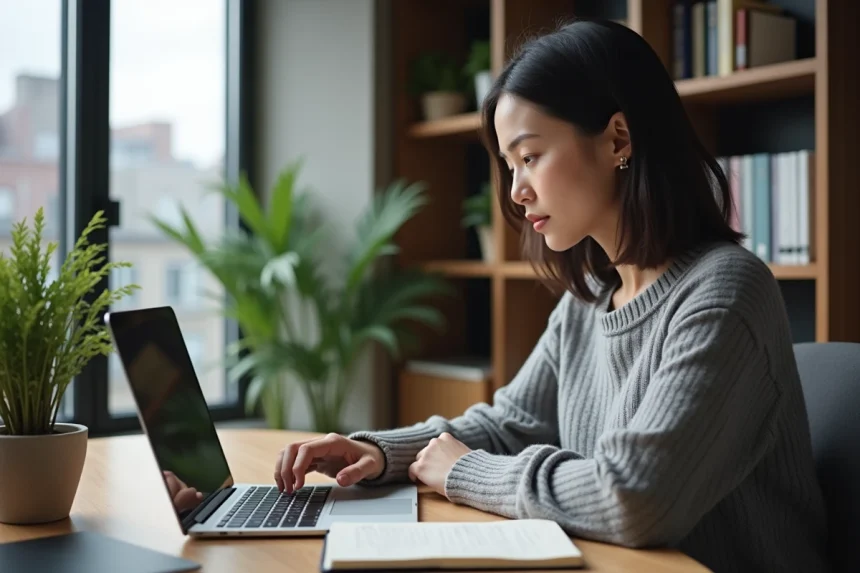 Femme utilisant un ordinateur portable pour découvrir la plateforme Adivak à son bureau à domicile