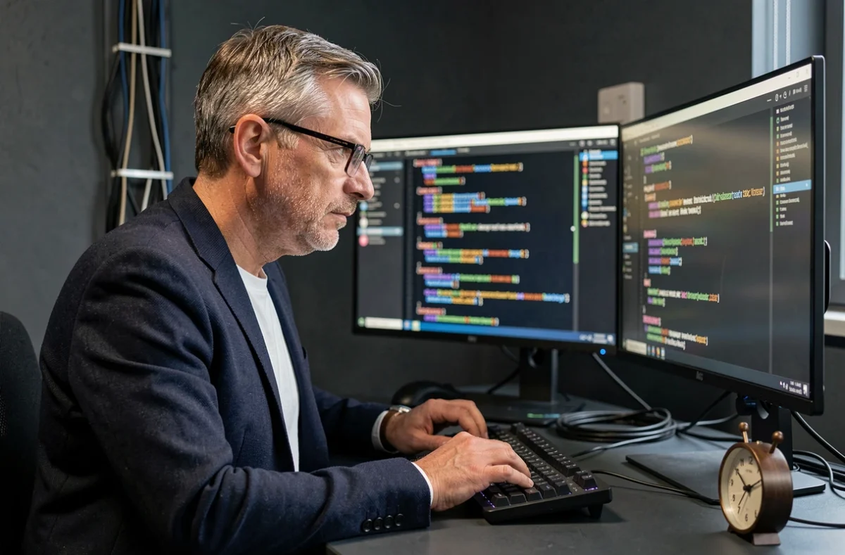 Expert numérique de DeepDive SARL analysant des données SEO et du code dans un bureau tech
