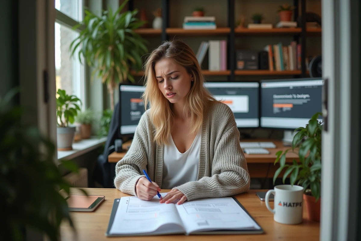 Femme web designer frustrée corrigeant ses erreurs sur un cahier