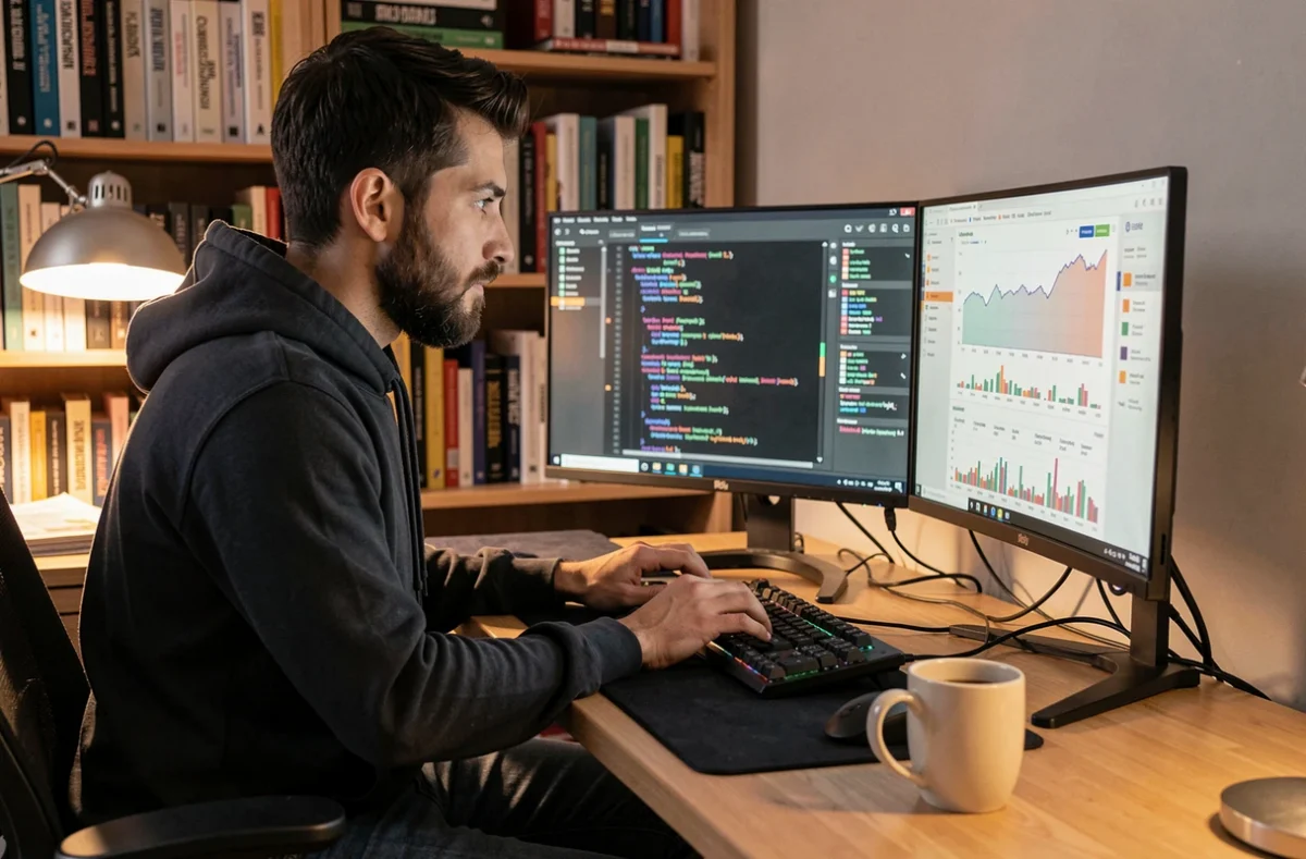 Développeur freelance en portage salarial travaillant sur du code depuis son bureau à domicile avec double écran