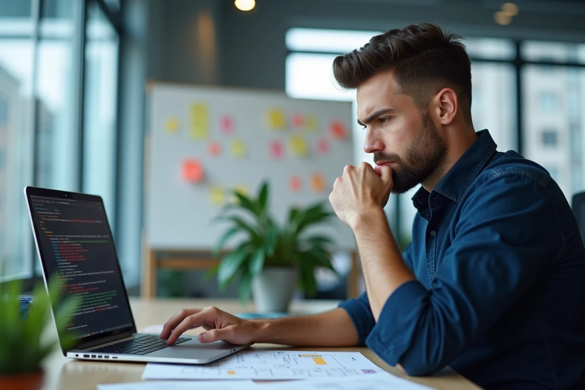 Jeune homme professionnel en réflexion devant son ordinateur