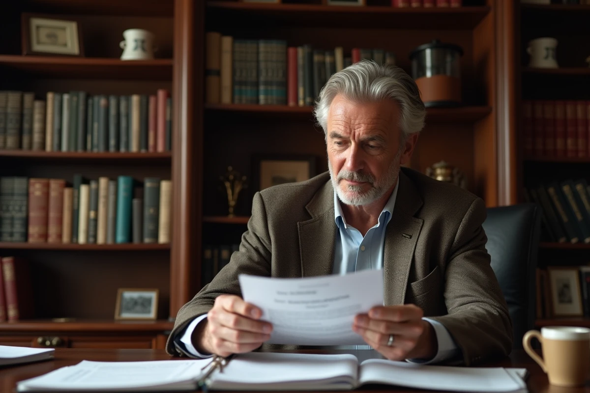 Un dirigeant examinant attentivement un dossier de m&eacute;c&eacute;nat ou de sponsoring dans son bureau priv&eacute; avec des &eacute;tag&egrave;res garnies de livres