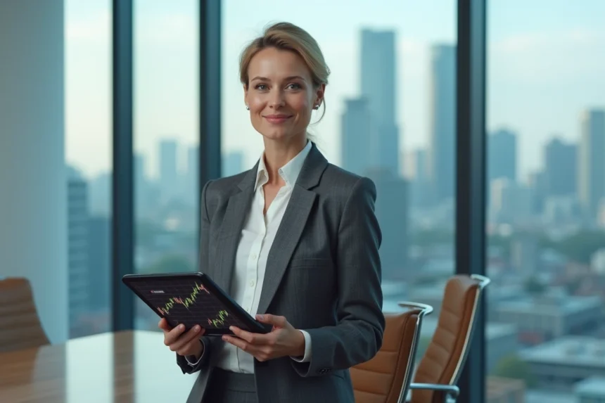 Dirigeante Apple en blazer charcoal dans une salle de conférence avec vue sur skyline financier, tenant une tablette avec graphiques boursiers