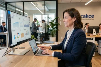 Dirigeante de PME consultant des tableaux de bord numériques sur ordinateur dans un bureau moderne, symbolisant la digitalisation sécurisée des entreprises