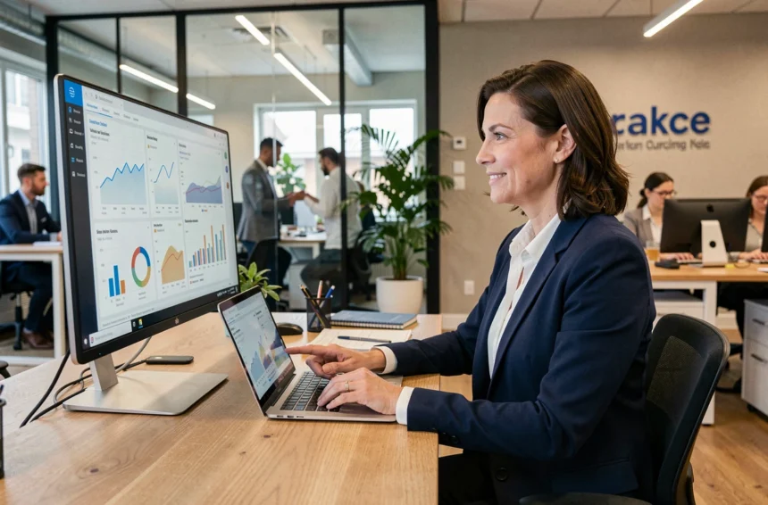 Dirigeante de PME consultant des tableaux de bord numériques sur ordinateur dans un bureau moderne, symbolisant la digitalisation sécurisée des entreprises