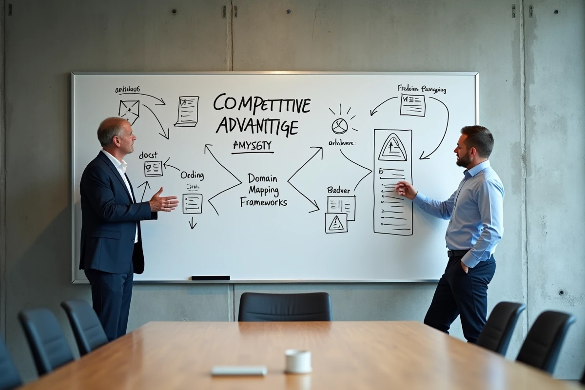 Deux dirigeants d'entreprise discutant de cartographie stratégique de domaines et d'avantage concurrentiel devant un tableau blanc en salle de réunion