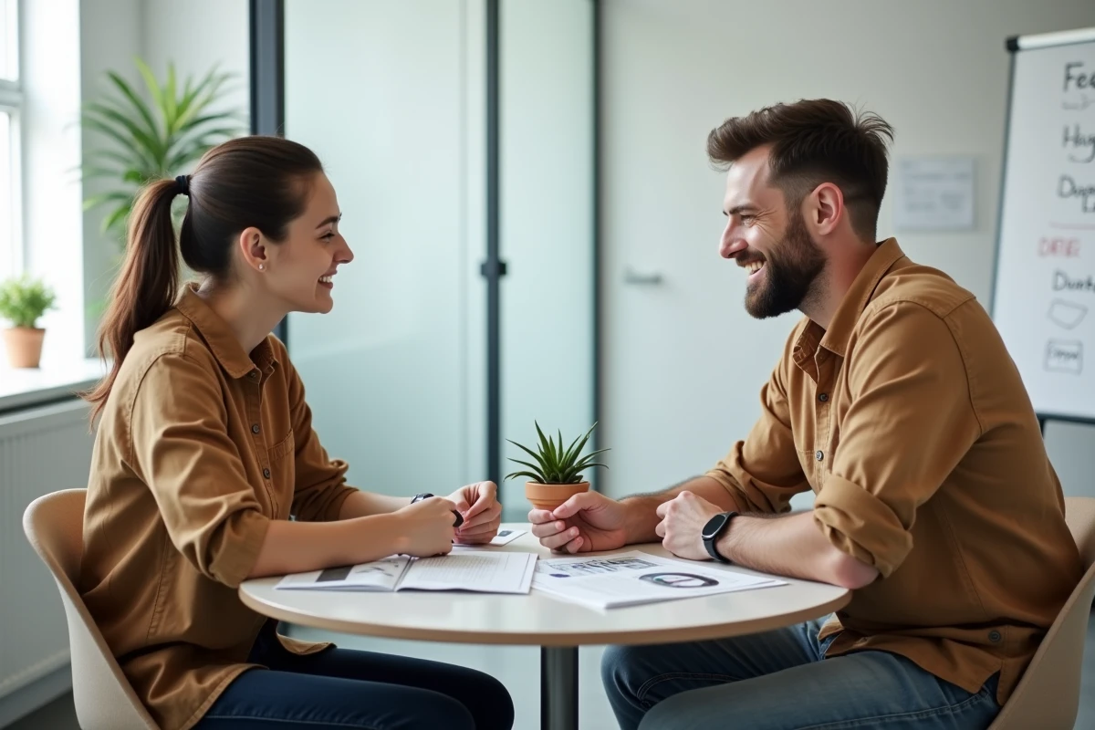 Deux dirigeants de petite entreprise analysant ensemble des rapports de veille marketing dans une salle de réunion minimaliste
