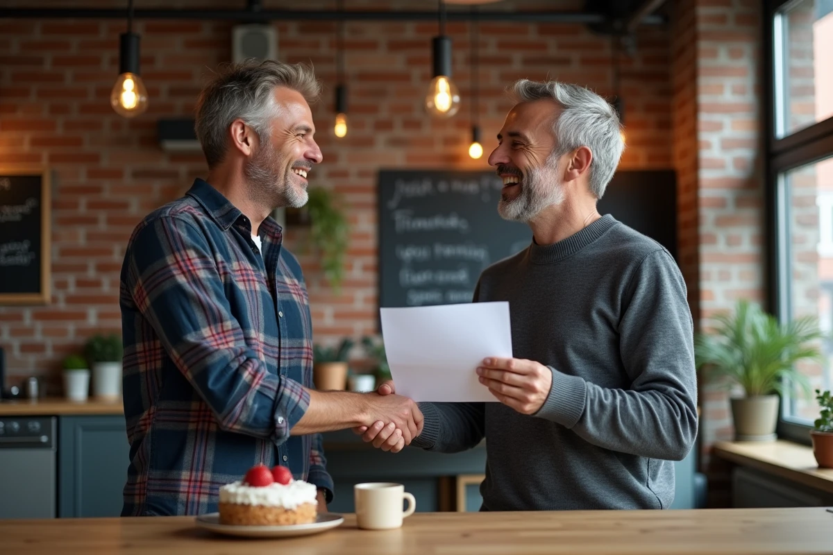 Deux collègues masculins échangeant une poignée de main chaleureuse lors d'un discours d'adieu dans un espace détente de bureau au style startup