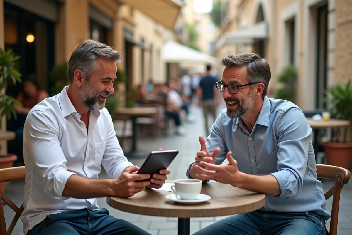Deux hommes discutant strat&eacute;gie digitale dans un caf&eacute; &agrave; Montpellier