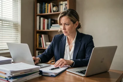 Femme consultant des documents administratifs pour constituer un dossier de chômage après faute grave