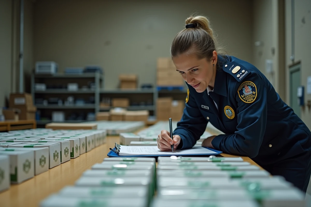 Une agente des douanes inspecte des cartouches de cigarettes de contrefaçon saisies lors d'un contrôle douanier en Espagne