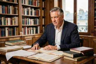 Éditeur parisien concentré sur un manuscrit dans son bureau littéraire rempli de livres