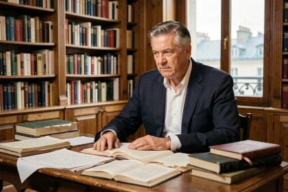 Éditeur parisien concentré sur un manuscrit dans son bureau littéraire rempli de livres