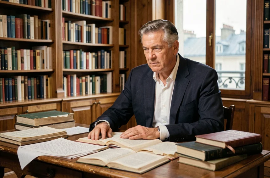 Éditeur parisien concentré sur un manuscrit dans son bureau littéraire rempli de livres