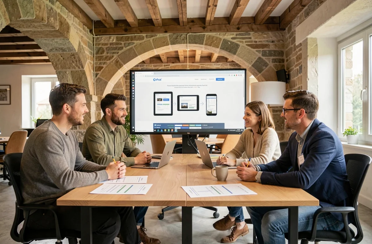 Équipe d'Ektor réunie autour d'un projet web responsive dans un espace de travail alliant modernité et architecture régionale de Bourgogne-Franche-Comté