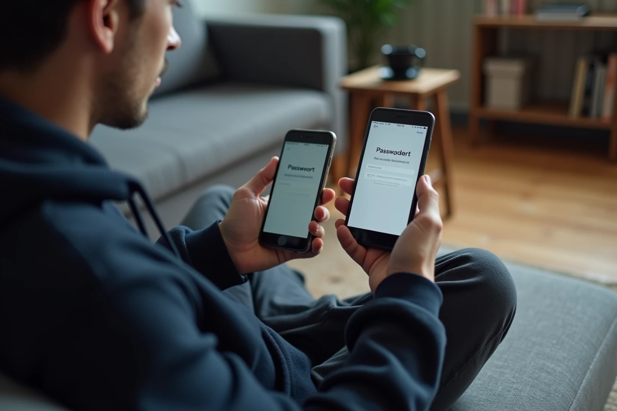 Personne consultant un email de réinitialisation de mot de passe PaiePilote sur smartphone dans un salon moderne