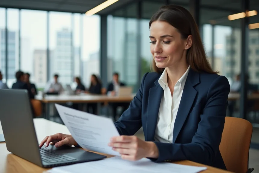 Employée consultant les aides sociales et subventions du comité d'entreprise GMF sur son ordinateur portable au bureau
