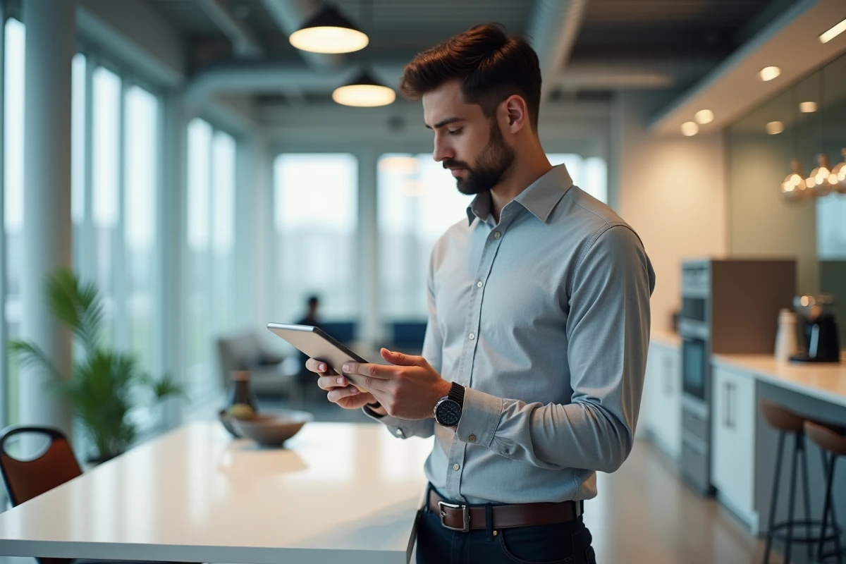 Nouvel embauché Air France consultant Intraligne sur une tablette dans l'espace pause d'un bureau d'entreprise