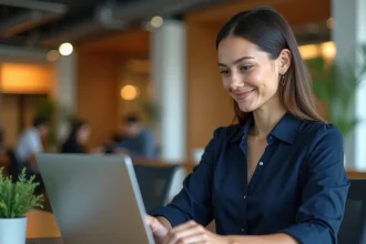 Employée connectée à son compte CSE advango sur un ordinateur portable dans un bureau moderne