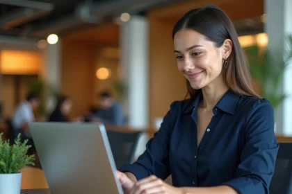 Employée connectée à son compte CSE advango sur un ordinateur portable dans un bureau moderne
