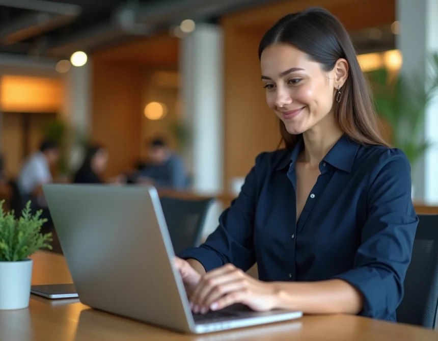 Employée connectée à son compte CSE advango sur un ordinateur portable dans un bureau moderne