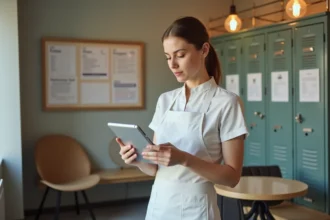 Employée de boulangerie Marie Blachère consultant les nouveaux outils intranet sur une tablette en salle de pause