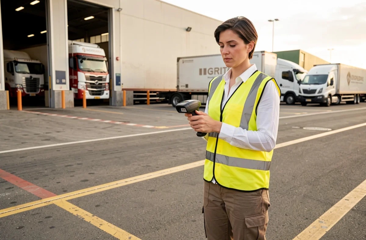 Employée logistique scannant des colis à un quai de chargement avec camions de transport
