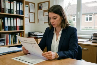 Enseignante de l'éducation nationale consultant le calendrier des dates de paie 2026 dans une salle des professeurs