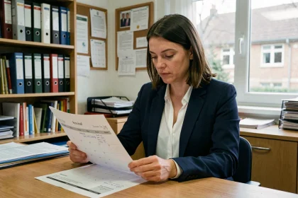 Enseignante de l'éducation nationale consultant le calendrier des dates de paie 2026 dans une salle des professeurs