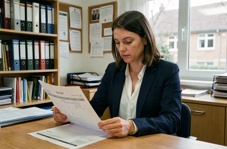 Enseignante de l'éducation nationale consultant le calendrier des dates de paie 2026 dans une salle des professeurs