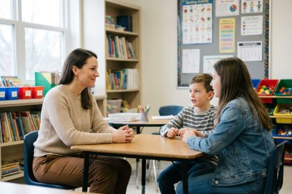 Femme attentive avec enfants dans une salle de classe lumineuse