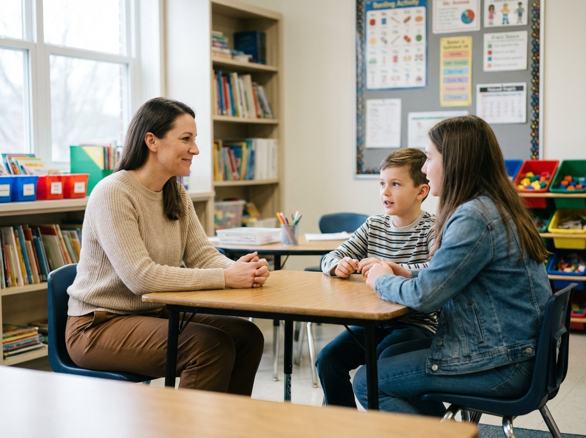 Femme attentive avec enfants dans une salle de classe lumineuse