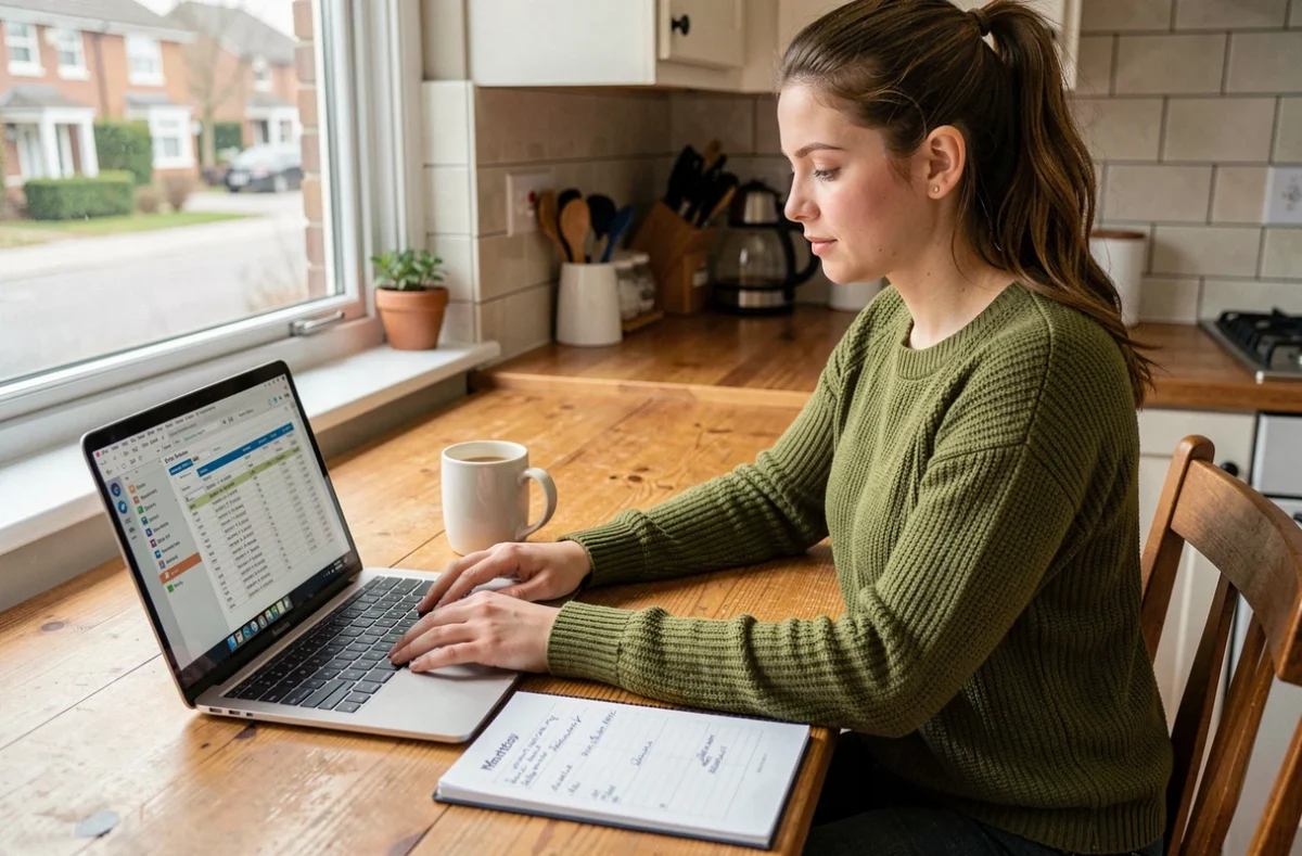 Jeune enseignante téléchargeant le calendrier des dates de paie 2026 de l'éducation nationale depuis son domicile