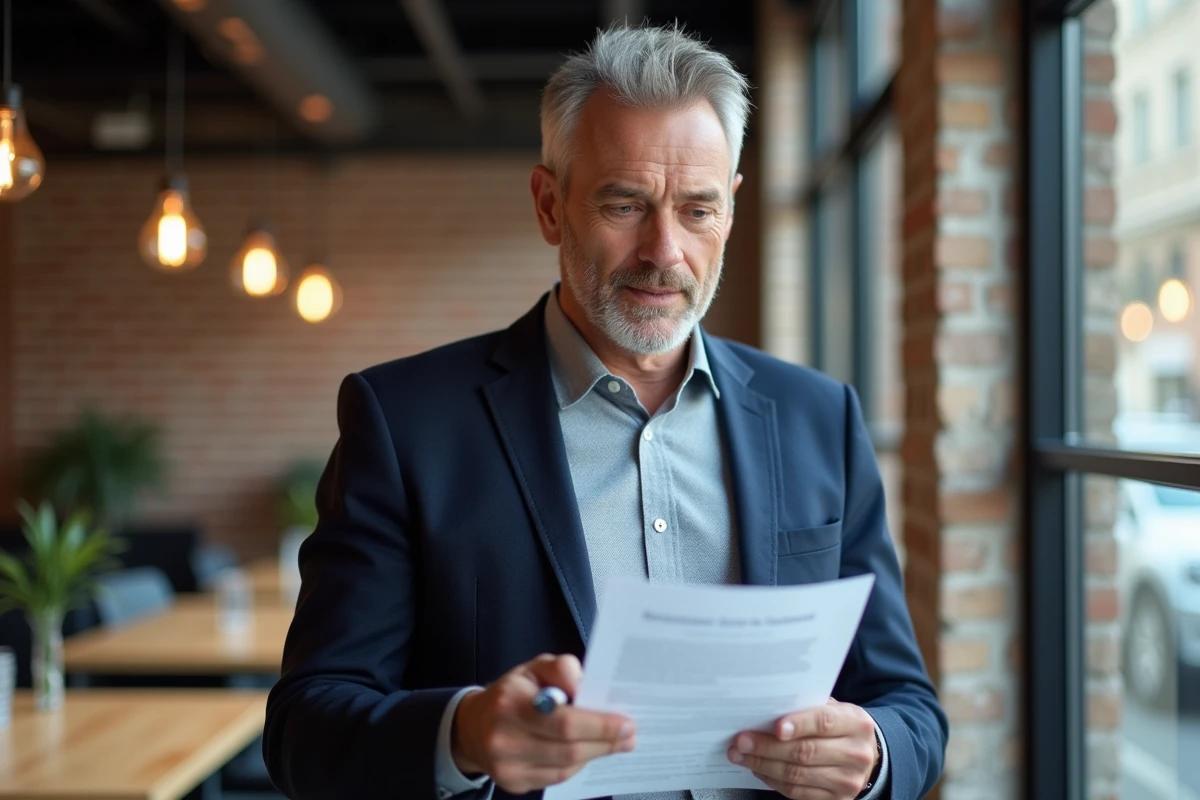 Entrepreneur masculin consultant des documents officiels d'immatriculation URSSAF dans un espace de coworking moderne