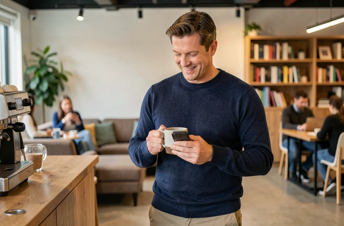 Entrepreneur prenant une pause café dans l'espace détente d'un coworking à Montauban