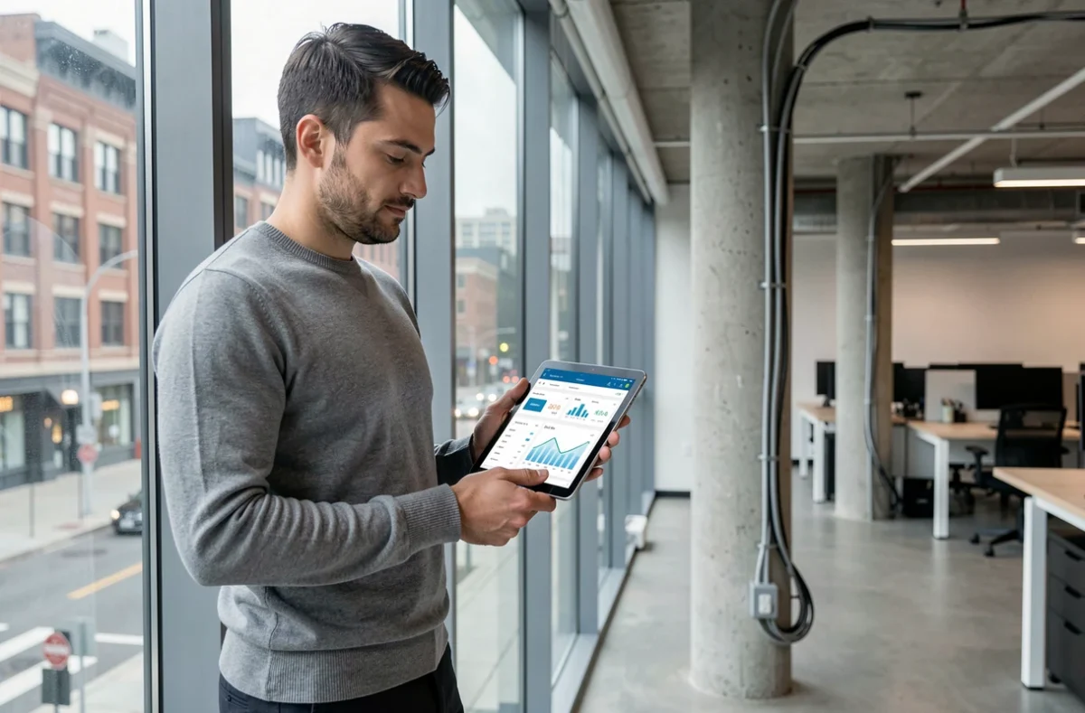 Chef d'entreprise PME consultant un tableau de bord SaaS sur tablette dans un espace de coworking moderne, représentant la digitalisation agile et sécurisée