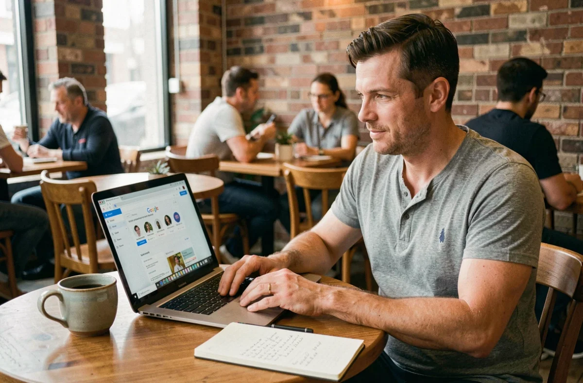 Entrepreneur de PME gérant ses annonces Pay Per Click dans un café avec un ordinateur portable
