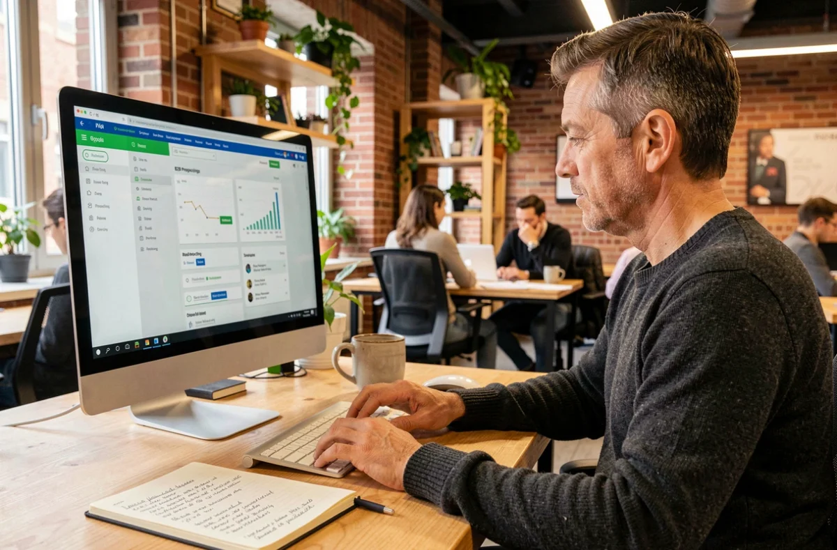 Entrepreneur indépendant prospectant de nouveaux clients B2B sur une plateforme en ligne depuis un espace de coworking