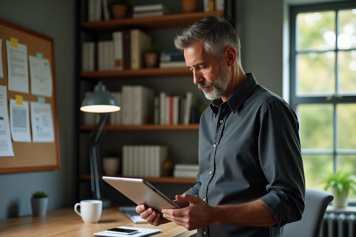 Entrepreneur consultant consultant une plateforme de ressources B2B sur une tablette dans un bureau à domicile moderne